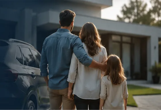 Família em frente a casa e automóvel, representando proteção no dia a dia.